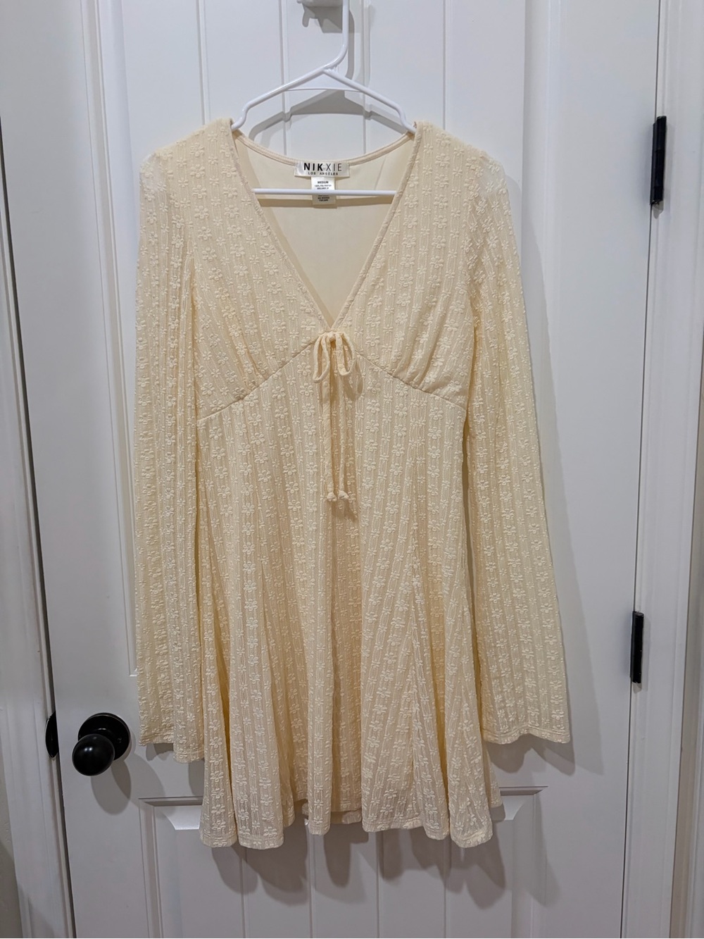 Cream yellow Long-Sleeve V-Neck Tie-Waist Dress